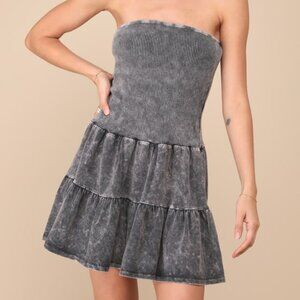 Lulus Cute Always Black Mineral Washed Ribbed Tiered Mini Dress - Size S
